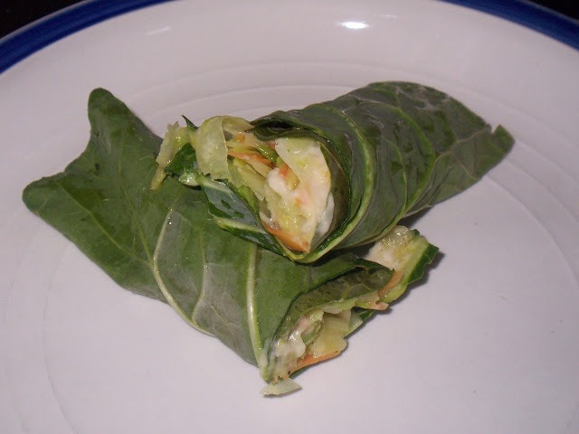 collard green wraps with white bean and garlic spread